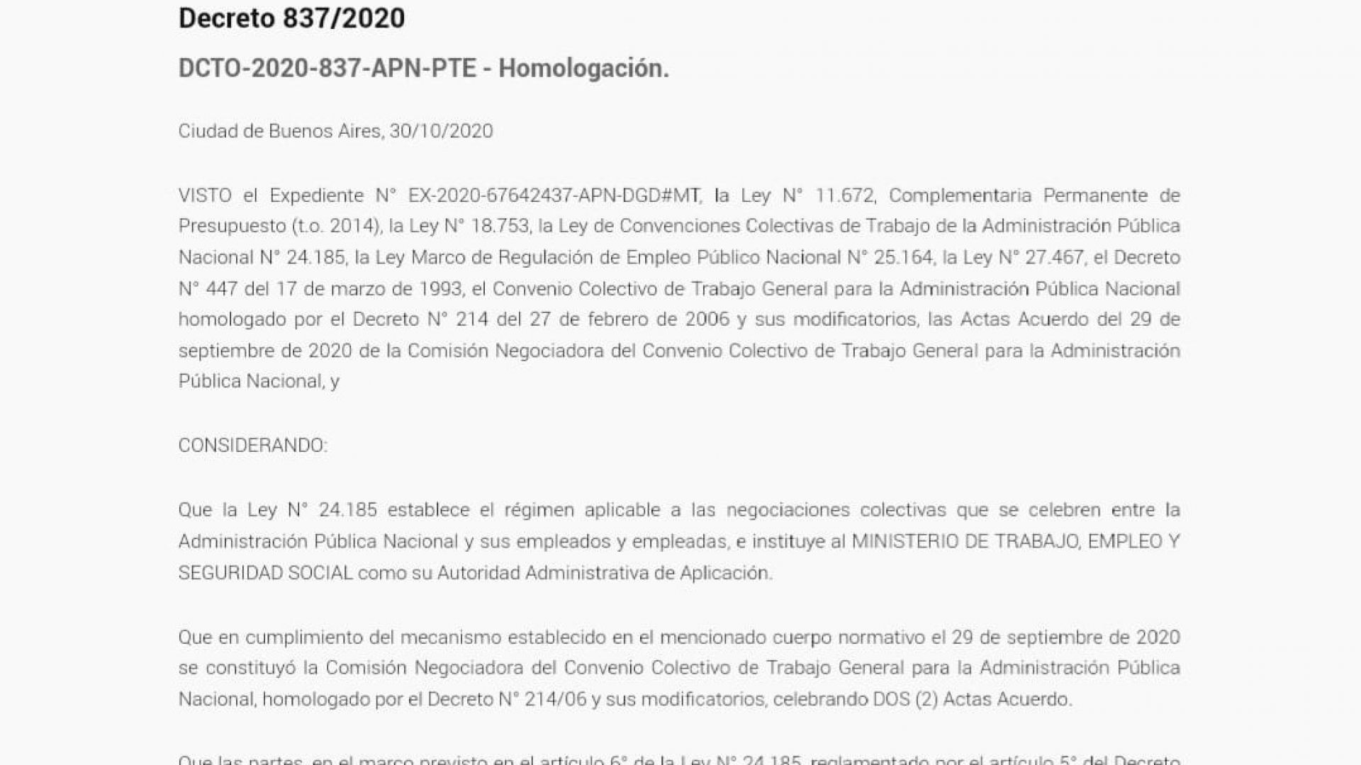 Se homologó el acta paritaria firmada el 29 de septiembre mediante el Decreto 837/2020