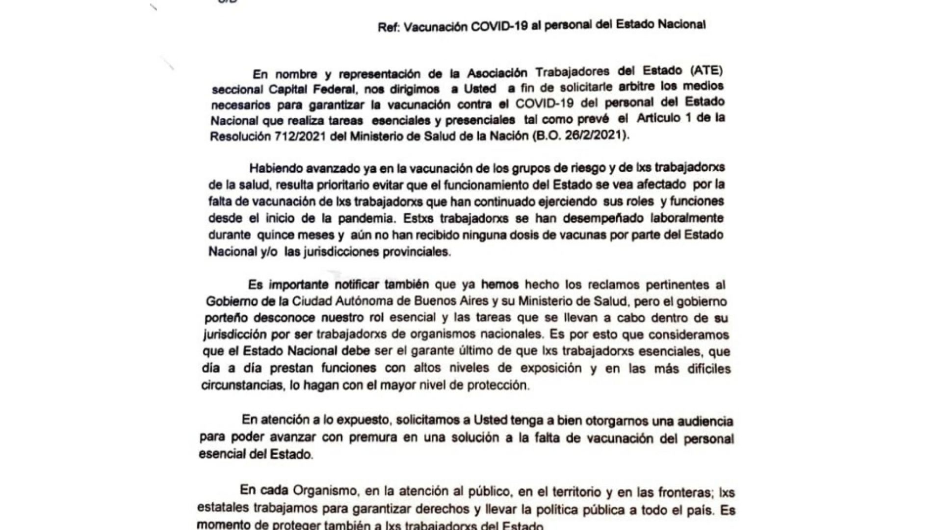 Sin respuestas de Larreta, pedimos a Vizzotti que garantice la vacunación del personal estatal esencial